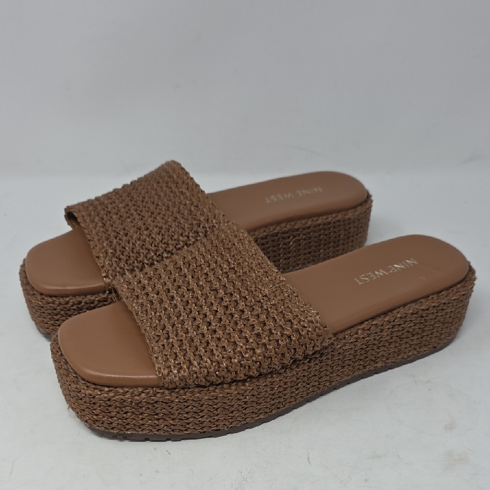Nine West Keziah Tan Woven Rafia  Platform Slide Sandals Size 9